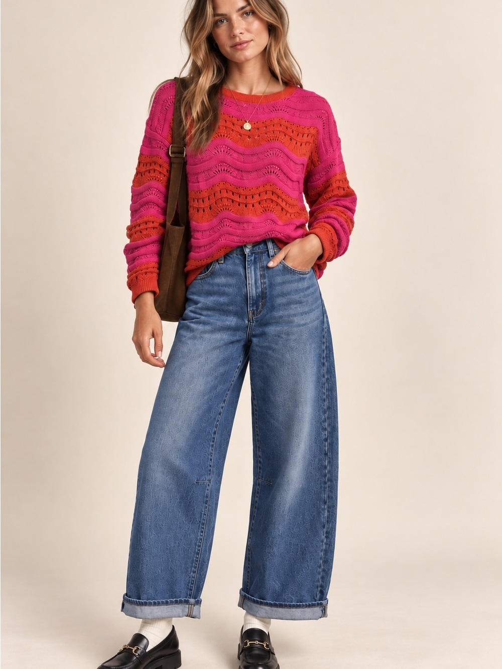 Anthropologie Pink Orange Open Knit Sweater Wave Knit Pullover XS